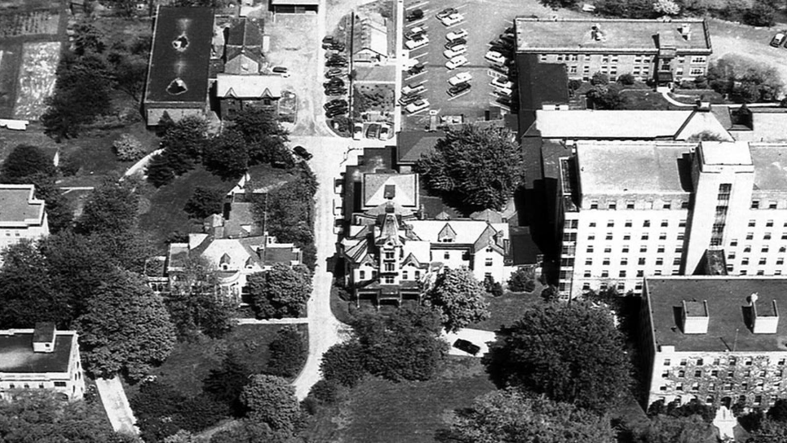 black and white image of Guthrie campus 